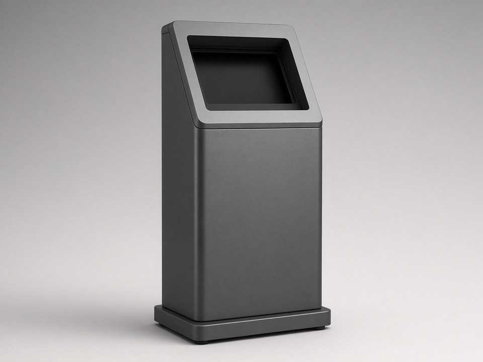 Custom-fabricated metal kiosk housing with finished exterior panels